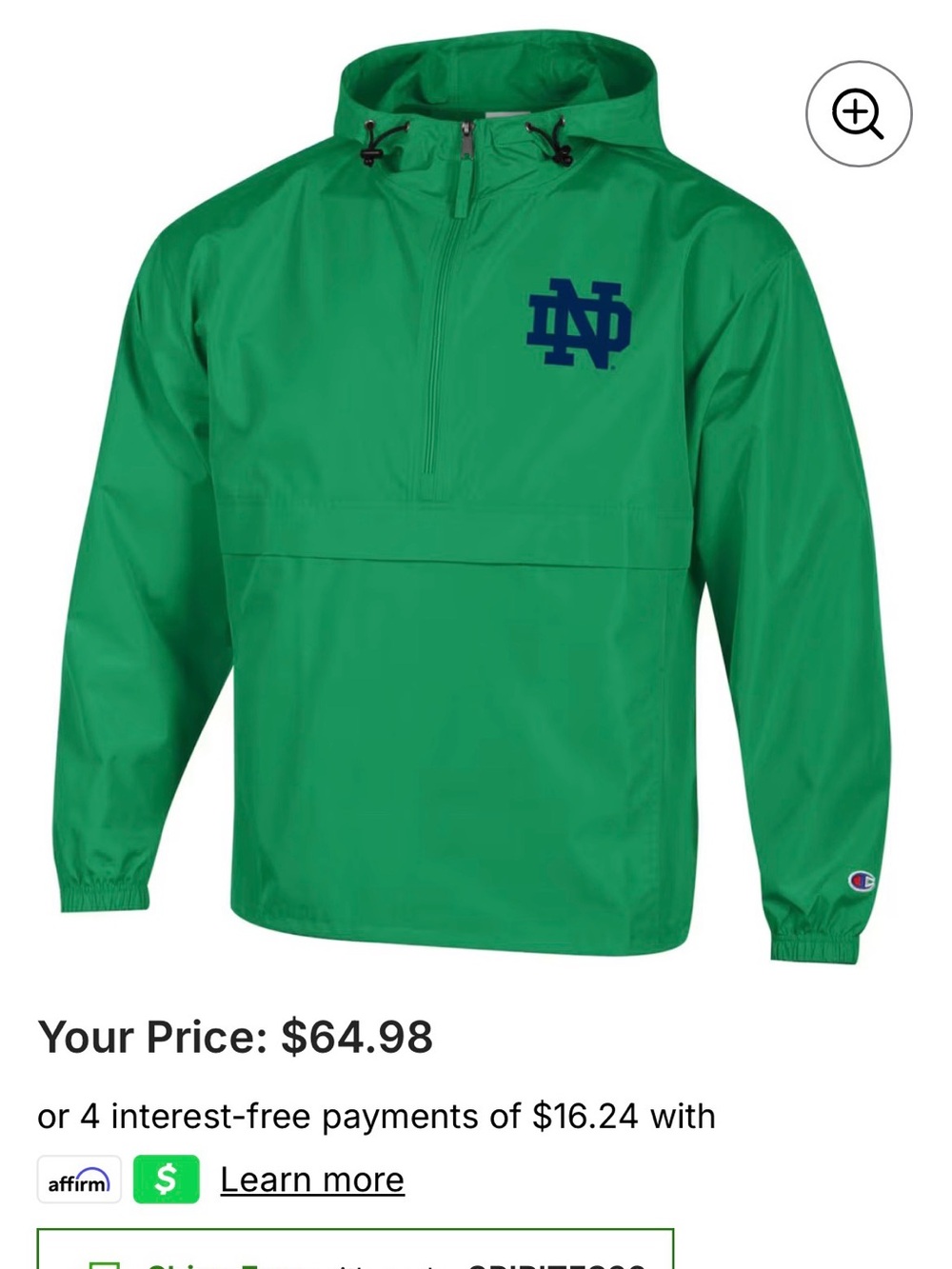 Champion Green Pullover Windbreaker with Navy Logo